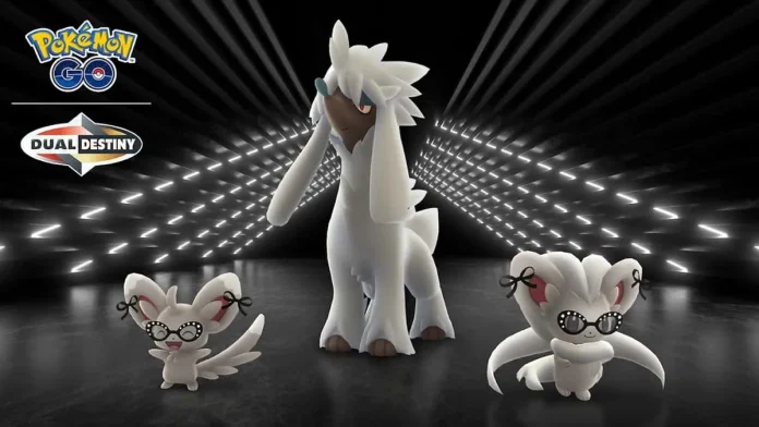 Promotional image for Pokémon GO Fashion Week 2025 featuring stylish versions of Pokémon, including a large Absol and two smaller Absol with accessories, set against a modern, geometrically lit background.