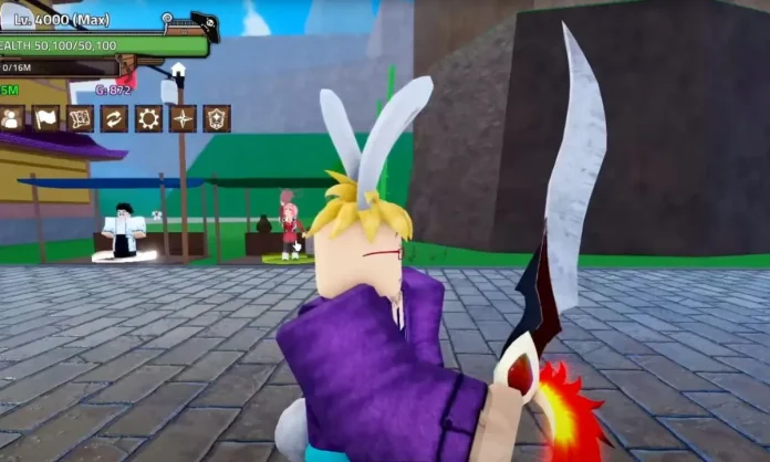 Screenshot from Roblox King Legacy, showing a player character wielding the fiery Phoenix Blade in a village setting, with other players visible in the backgrou