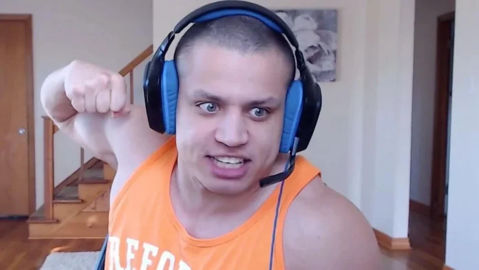 A screenshot of Tyler1 laughing during his stream, with an overlay of his AI advisor bot giving aggressive advice in League of Legends.