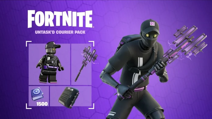 Untask'd Courier Pack in Fortnite with Sid Obsidian's outfit and LEGO style - available until February 26, 2025.