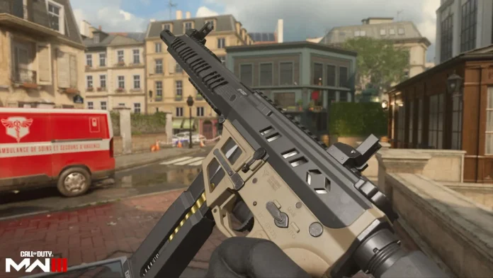 The Superi 46 SMG from MW3 and Warzone displayed with the recommended attachments equipped, set against a gritty urban battlefield background.