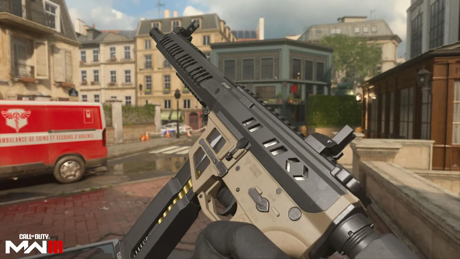 The Superi 46 SMG from MW3 and Warzone displayed with the recommended attachments equipped, set against a gritty urban battlefield background.