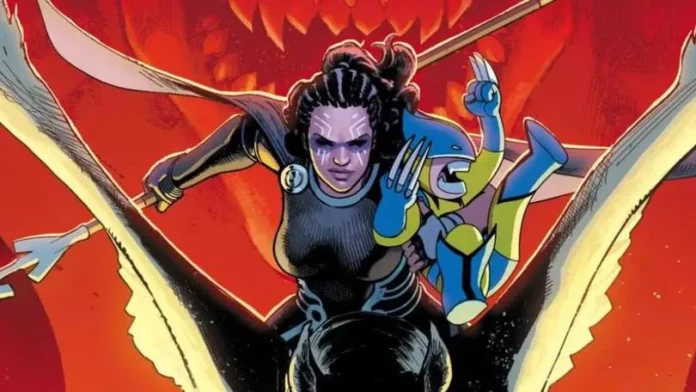 Illustration from Valkyrie Marvel Rivals series showing a dynamic scene with Valkyrie in her superhero outfit, soaring with wings extended, accompanied by a robotic sidekick against a fiery red backdrop