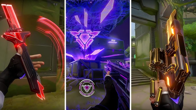 The image displays the Valorant EXO Bundle for 2025, featuring three dynamic weapon skins: a glowing red katana, a vibrant purple sniper rifle, and a luminous orange pistol. Each weapon is shown in a first-person view, showcasing their unique, futuristic designs with sharp geometric patterns and intense, neon light accents that enhance the gaming experience with visually striking aesthetics.