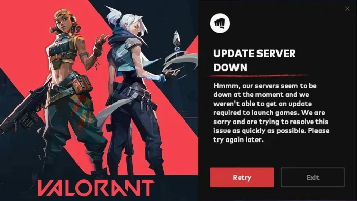 The image is a notification screen from the game Valorant, informing players that the update servers are currently down. It features a bold and stylish graphic of two Valorant characters poised for action against a striking red background. On the right, a message box explains the server outage, apologizing for the inconvenience and requesting players to try accessing the game later. This juxtaposition of vibrant game art with an error message captures attention and softens the frustration typically associated with service interruptions, effectively communicating the issue while maintaining a visually engaging design.