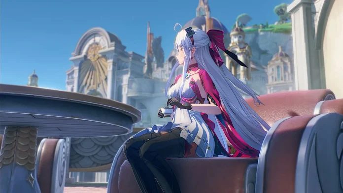 An elegantly dressed character with flowing silver hair sits at an outdoor table, sipping tea, against the backdrop of a grand architectural setting with domed buildings and intricate designs under a clear blue sky.